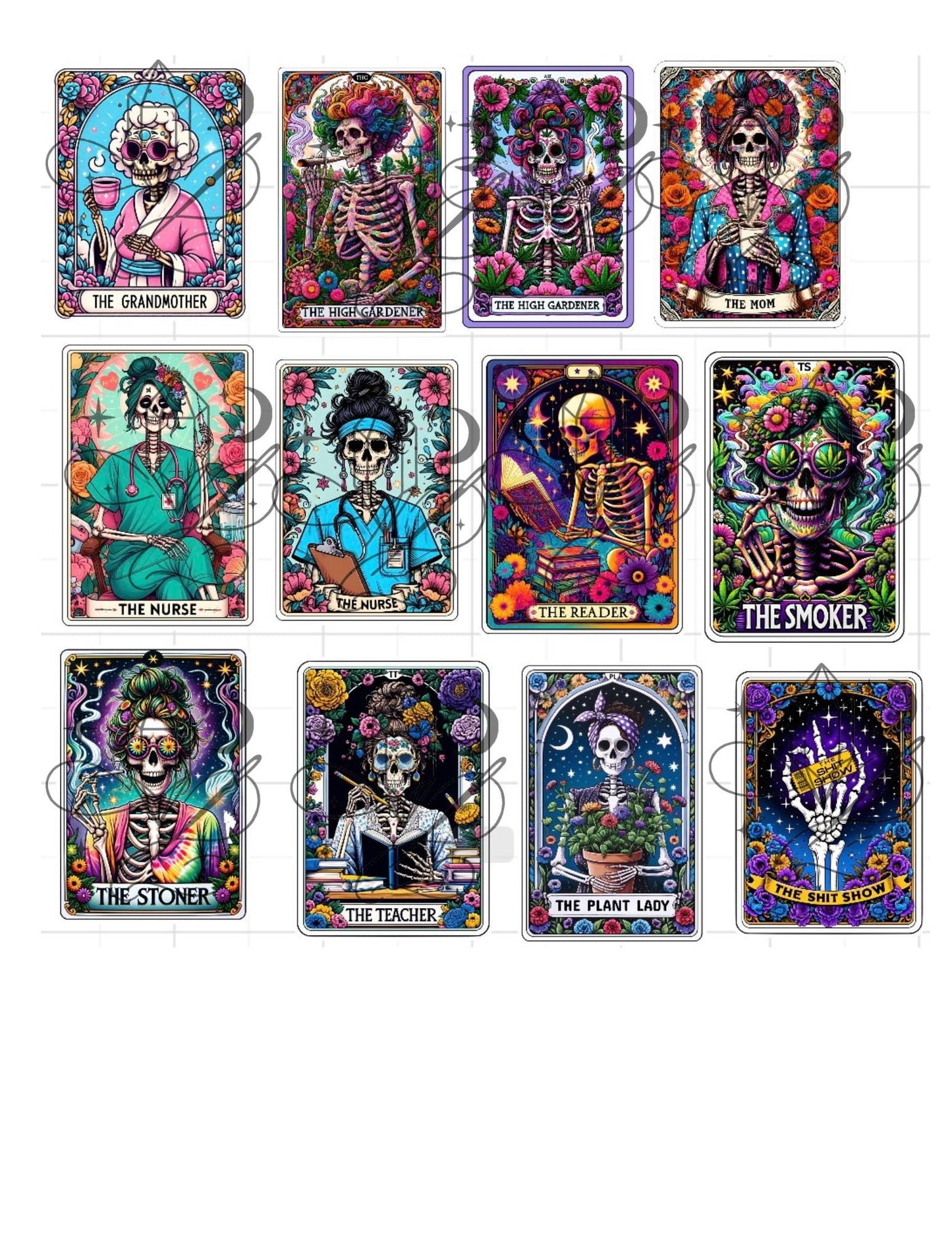 Funny Skeleton Tarot Weed Sticker Set – 25 pcs