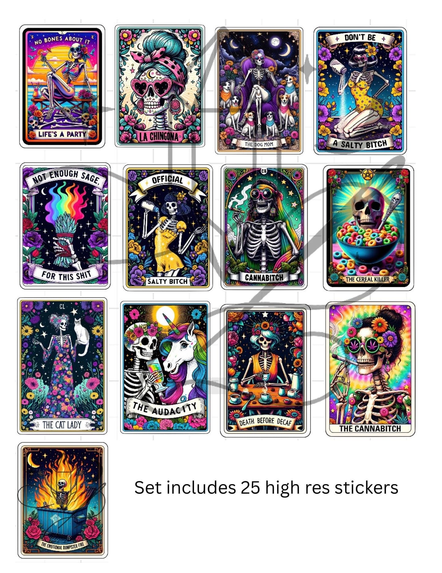 Funny Skeleton Tarot Weed Sticker Set – 25 pcs