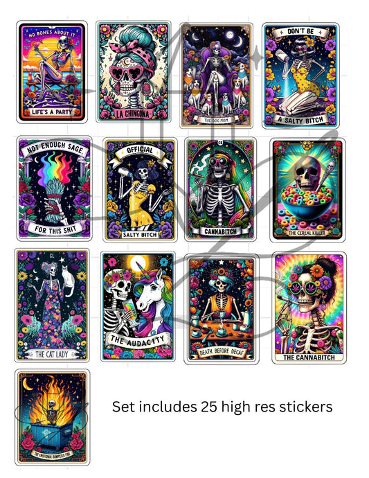 Funny Skeleton Tarot Weed Sticker Set – 25 pcs