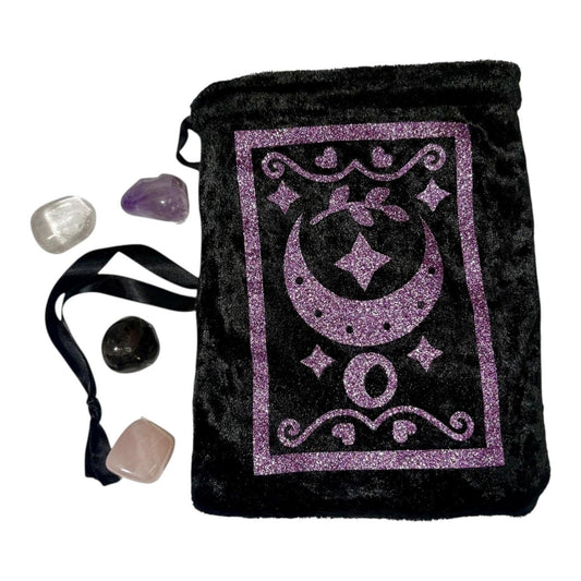 Handmade Velvet Tarot Deck Pouch – Framed Crescent Moon & Star Drawstring Bag for Tarot Cards, Oracle Decks and Spiritual Tools