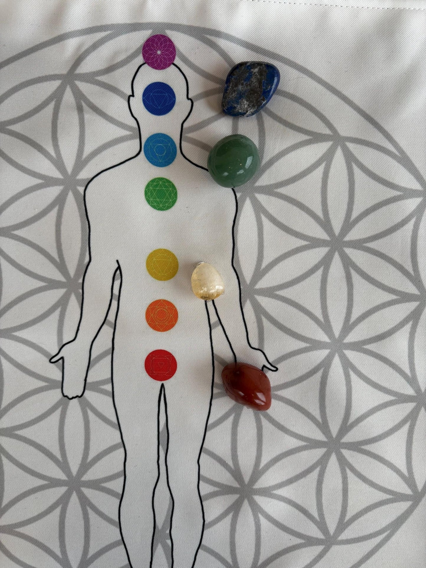 Handmade Reiki Healing Mat — Flower of Life and Root to Crown Chakra Visualization Cloth for Meditation & Energy Alignment