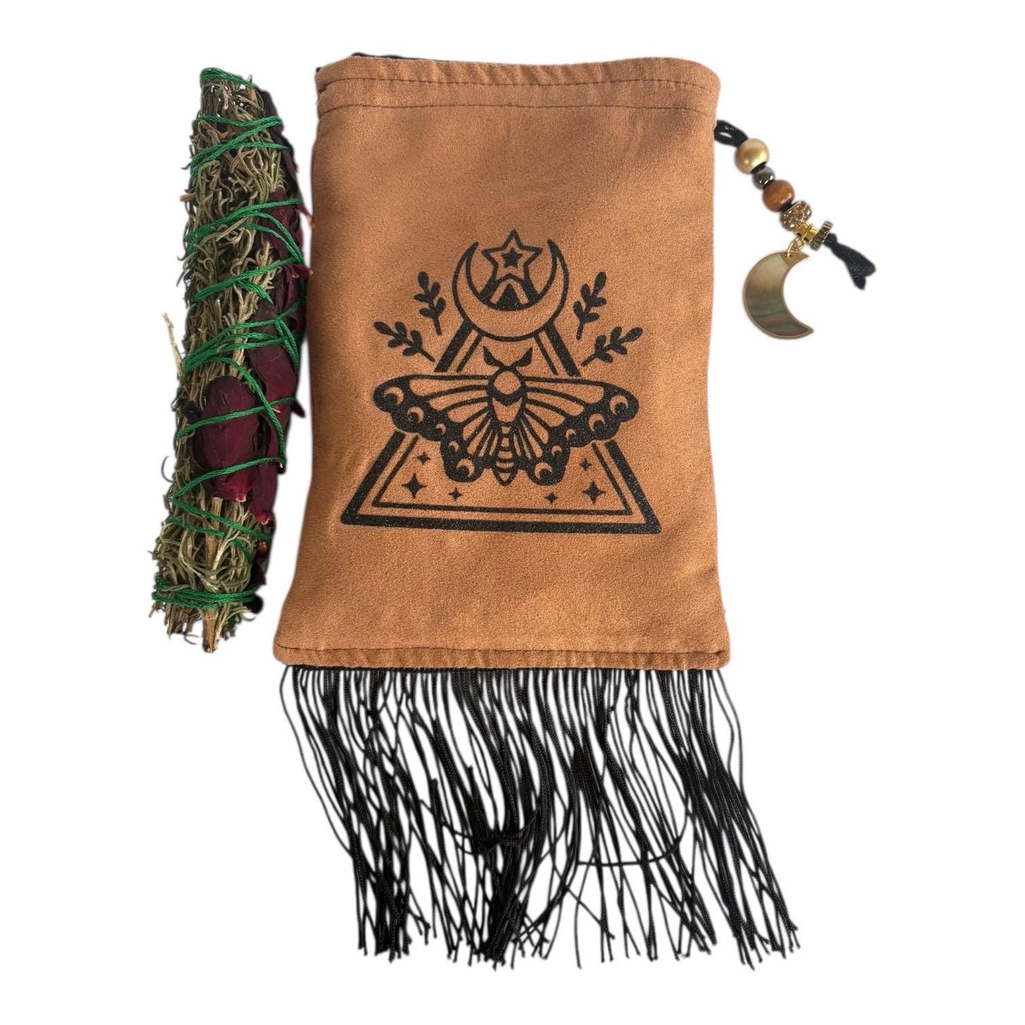 Deluxe Satin Lined Tarot Bag with Fringe | Moon Moth Drawstring Deck Bag