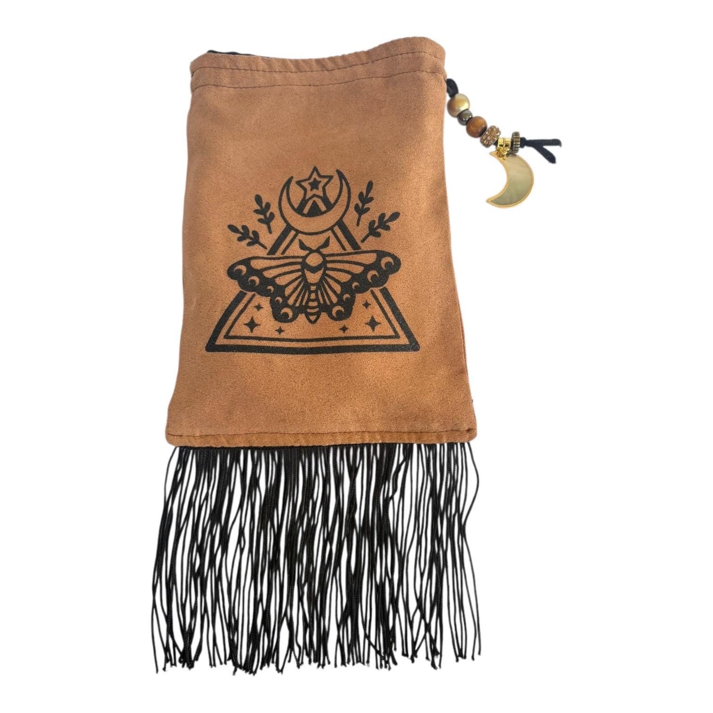 Deluxe Satin Lined Tarot Bag with Fringe | Moon Moth Drawstring Deck Bag