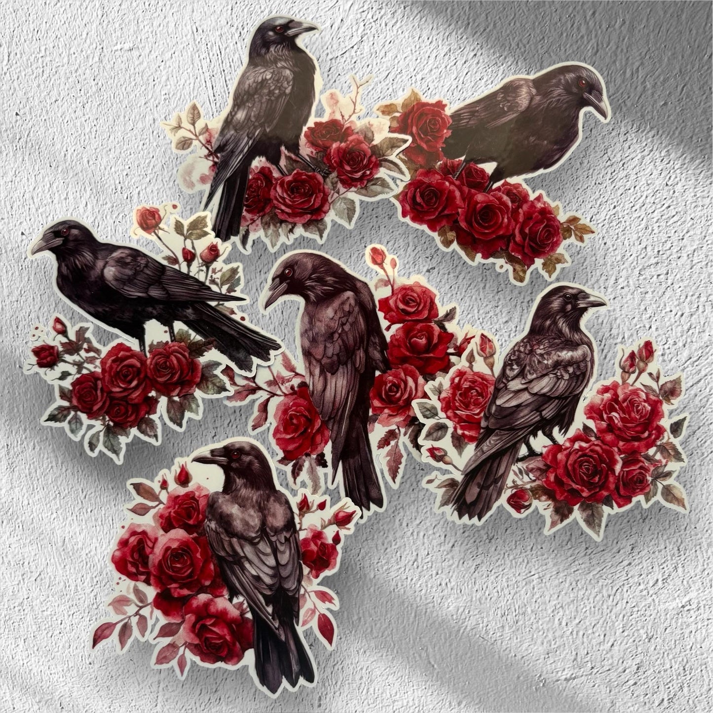 Set of 6 Crow & Rose Vinyl Stickers – Gothic Raven Art