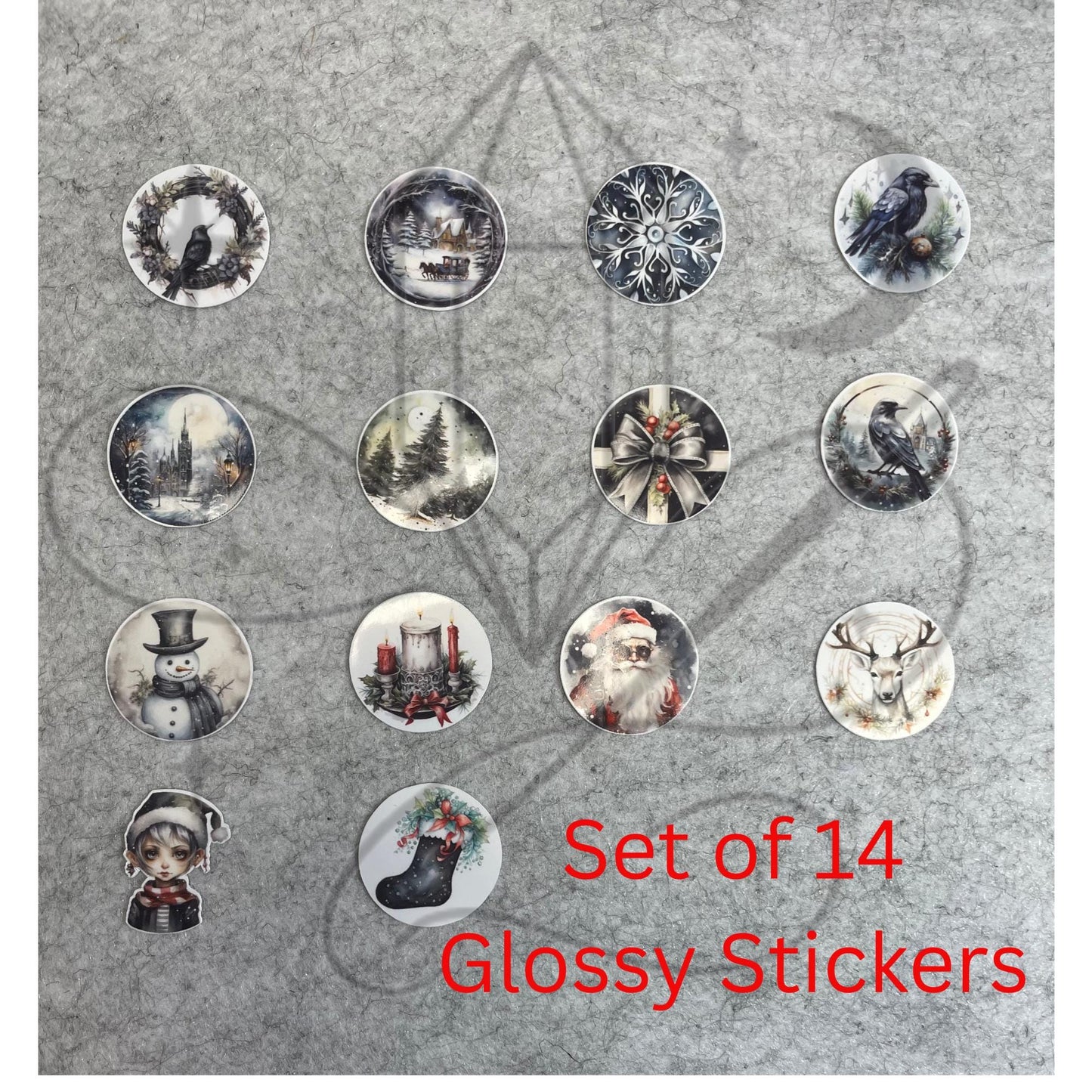 Gothic Christmas Sticker Set – 14 Glossy 1" Round Stickers