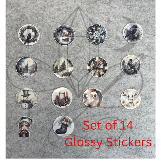 Gothic Christmas Sticker Set – 14 Glossy 1" Round Stickers
