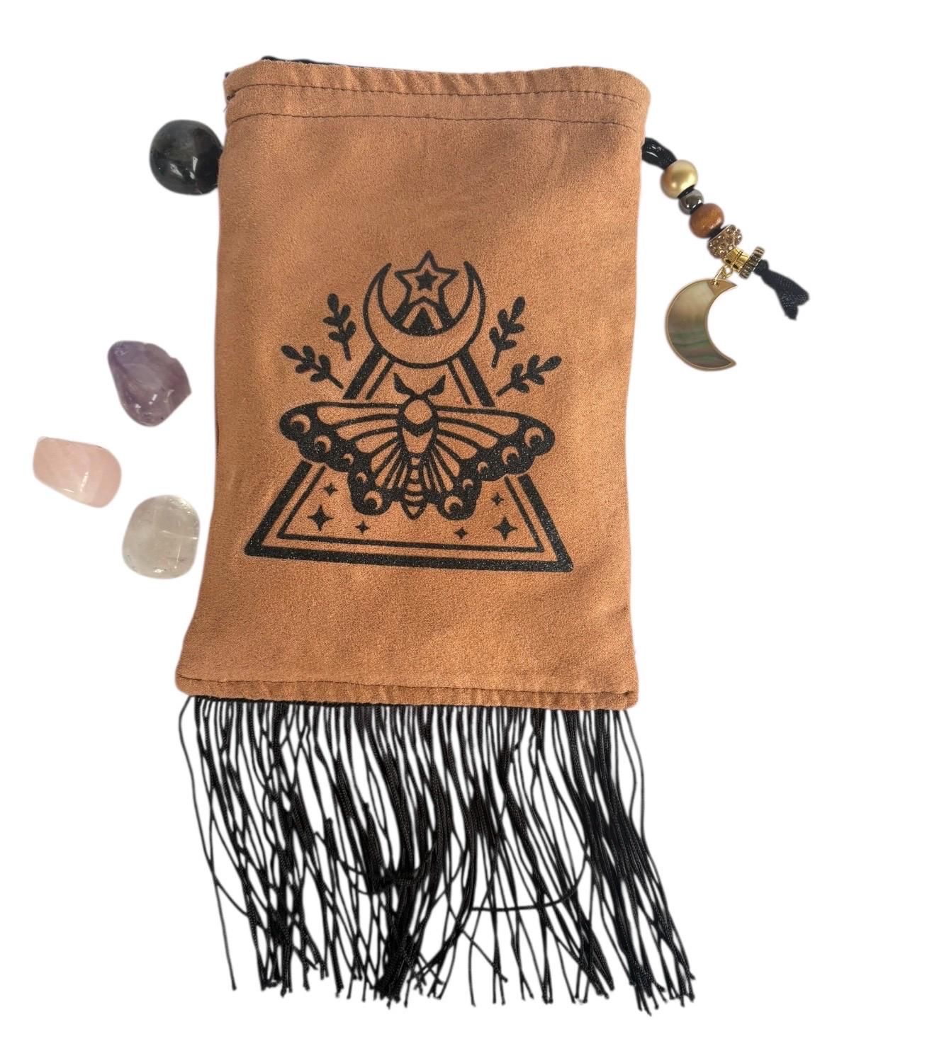 Deluxe Satin Lined Tarot Bag with Fringe | Moon Moth Drawstring Deck Bag
