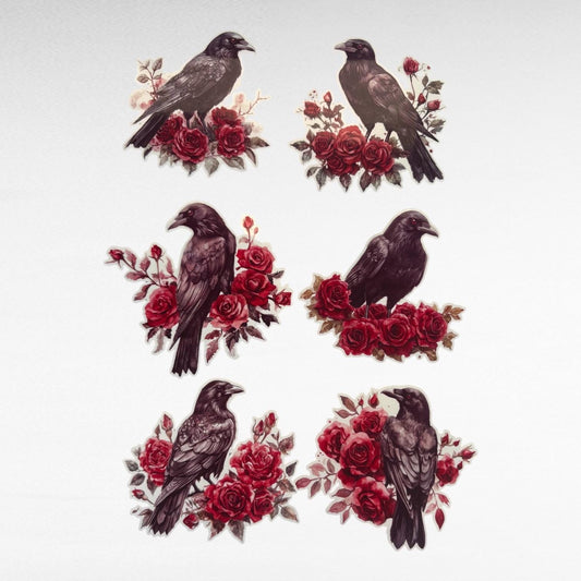 Set of 6 Crow & Rose Vinyl Stickers – Gothic Raven Art
