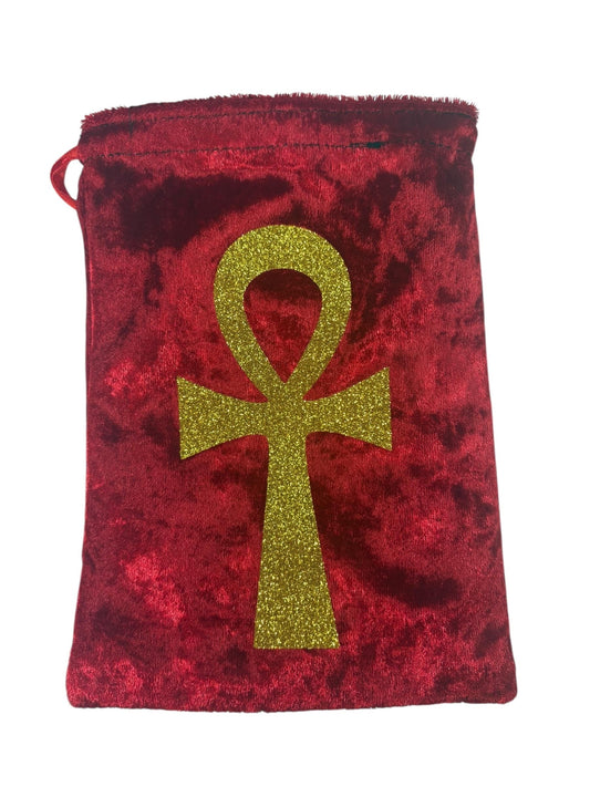 Red Velvet Ankh Tarot Bag | Egyptian Symbol Tarot Storage