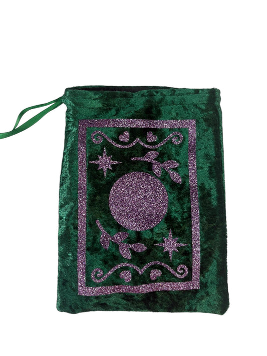 Moon, stars and leaf design — Green Velvet Tarot Pouch