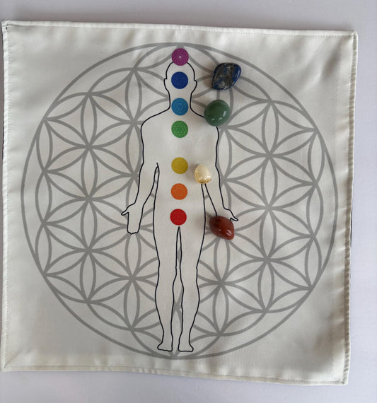 Handmade Reiki Healing Mat — Flower of Life and Root to Crown Chakra Visualization Cloth for Meditation & Energy Alignment