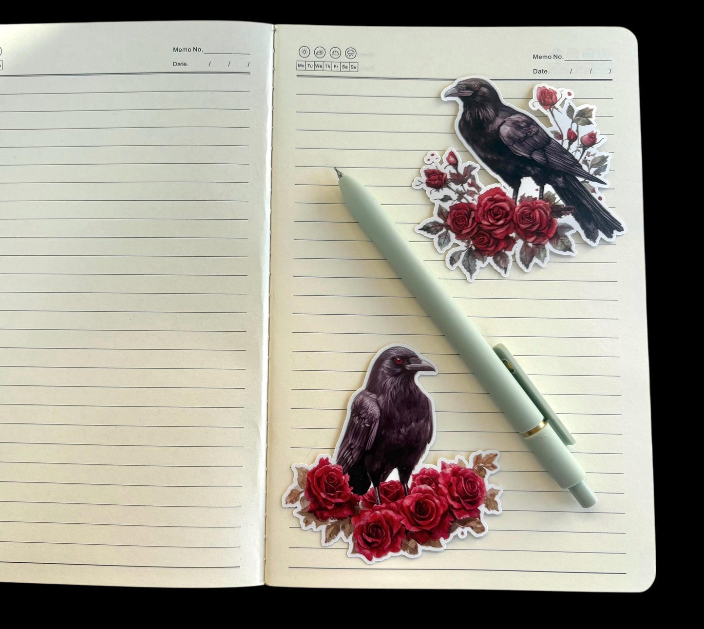 Set of 6 Crow & Rose Vinyl Stickers – Gothic Raven Art